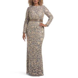 MAC DUGGAL Platinum/Gold Long Sleeve Sequin Embellished Gown
